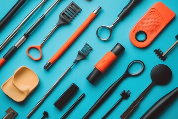 A creative flat lay of accessibility tools: key turners, reachers, and adaptive utensils