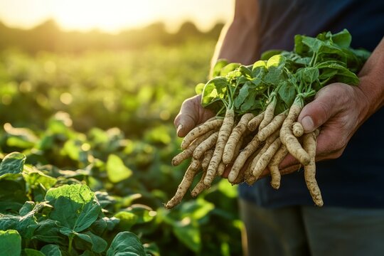 Close-up shot of farmer's hands holding fresh ashwagandha roots, sunny field of plants in background with copy space. Concept Medicinal Herb, Ayurveda and alternative medicine