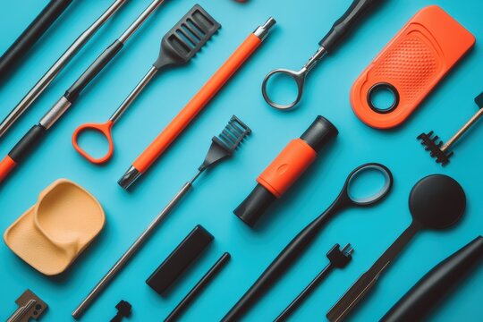 A creative flat lay of accessibility tools: key turners, reachers, and adaptive utensils
