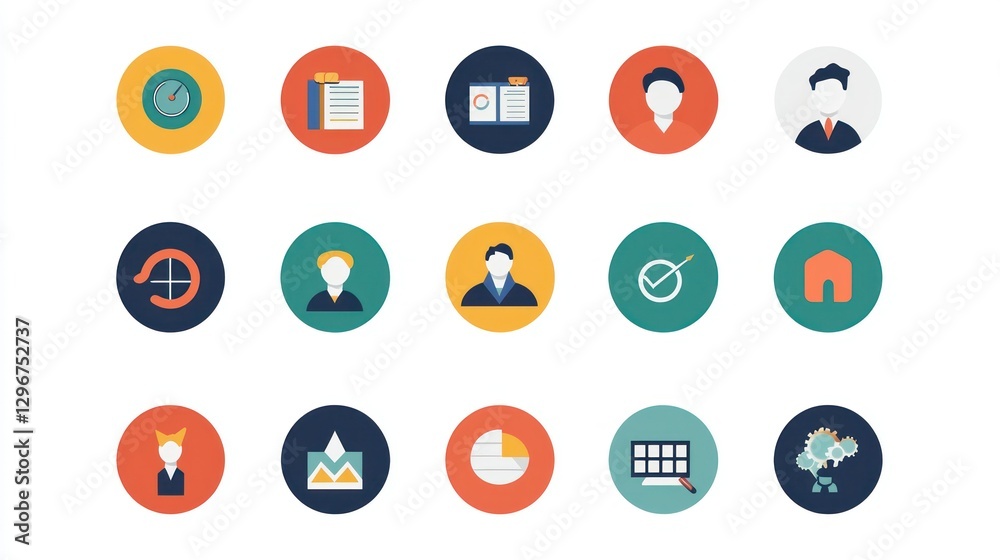 Poster a flat-style icon set representing various business functions, from marketing to hr.