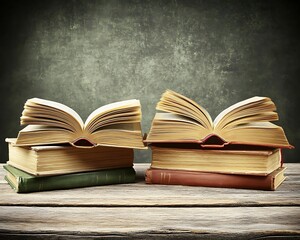 Fototapeta premium Open books on wooden table, dark background, reading