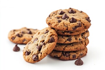 stack of chocolate chip cookies on a white background