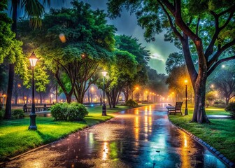 Rainy Night Park, Serene Nature Scene, Dark Moody Atmosphere,  Night Photography Stock Photo