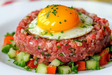 A golden egg yolk being delicately placed on top of steak tartare