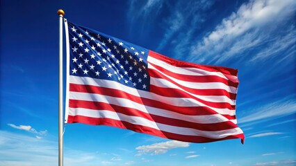 Obraz premium Patriotic landscape with American flag waving in the wind on a clear blue sky background, Red White Blue