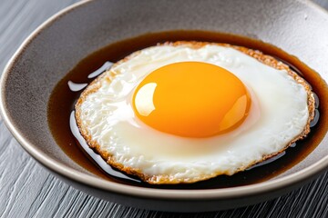 A golden egg yolk sitting in a pool of soy sauce in a Japanese dish