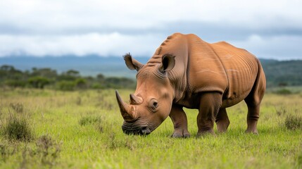 Obraz premium Majestic Rhinoceros Grazing on Lush Green Grasslands Under a Cloudy Sky in Natural Habitat