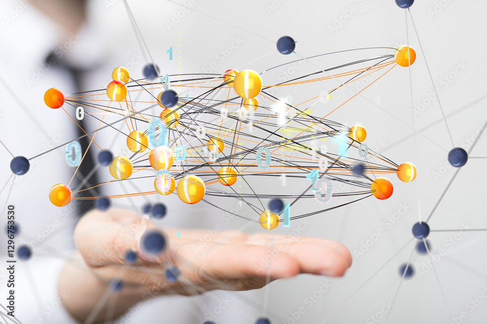 Poster Global network. Blockchain. 3D illustration. Neural networks and artificial intelligence. Abstract  3d