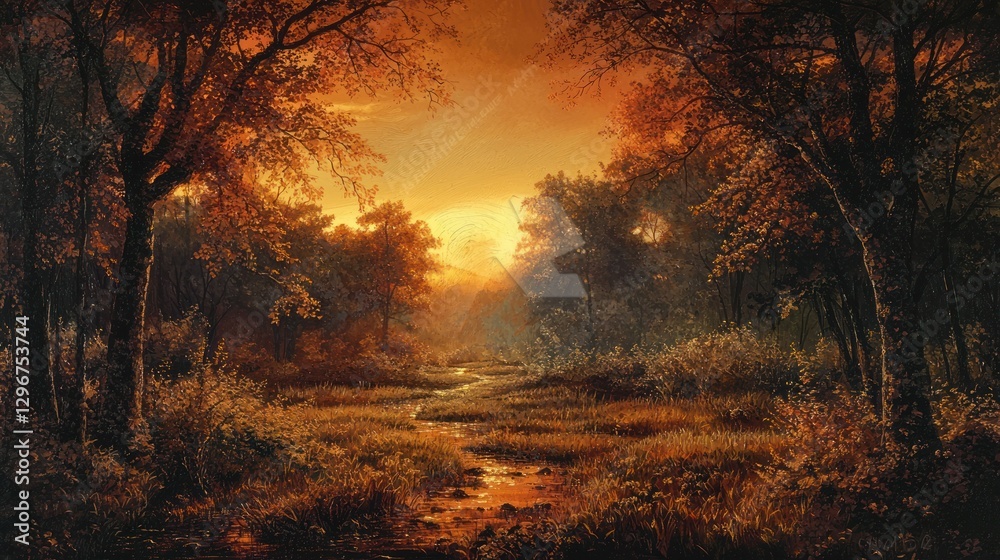 Poster a forest clearing illuminated by the vivid orange hues of a setting sun.