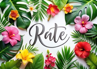Rate Us: Tropical Leaves & Flowers Food Review Card - Stock Photo