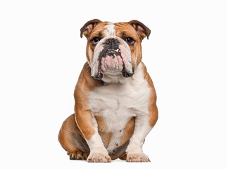 English Bulldog, 5 years old, sitting and looking at the camera showing a tooth, isolated on white, remastered