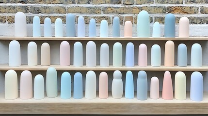 Pastel ceramic vases, shelf, brick wall