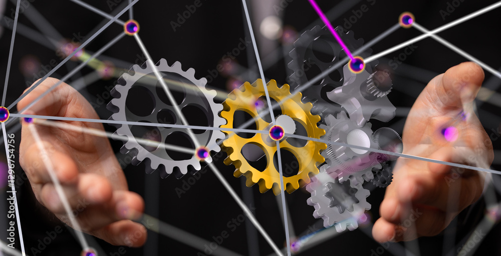 Poster gear system data. Connecting lines and dots.Big data visualization  - 3d