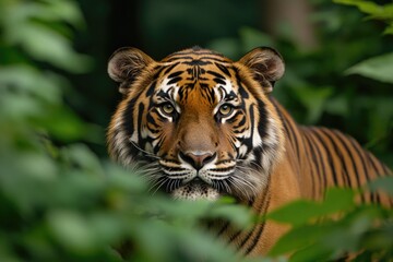 Fototapeta premium Majestic tiger gazes through lush greenery, showcasing striking