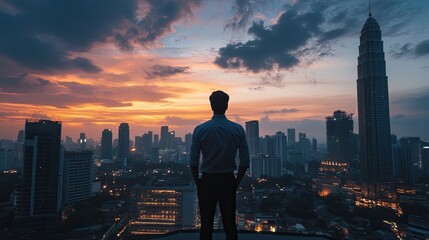 Visionary on Rooftop: A silhouette of a determined individual stands atop a skyscraper, gazing at a breathtaking cityscape at sunset. The image exudes ambition and a sense of limitless opportunity.