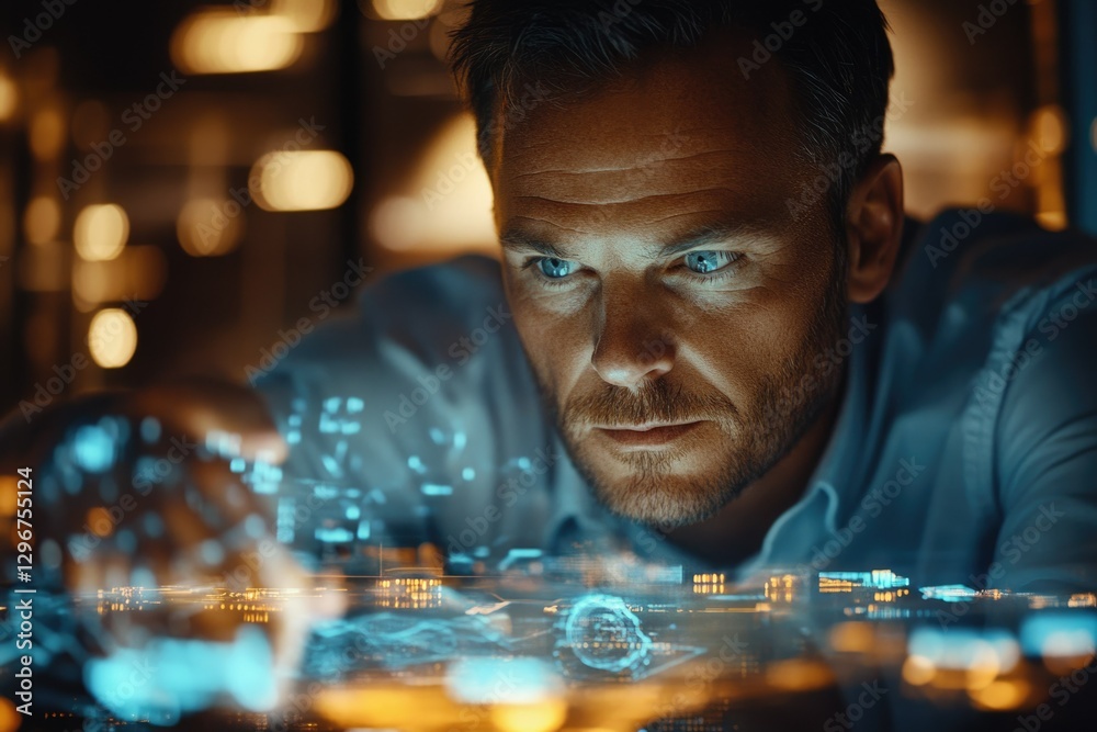 Aufkleber a focused man intently interacts with a holographic interface, showcasing advanced technology and da