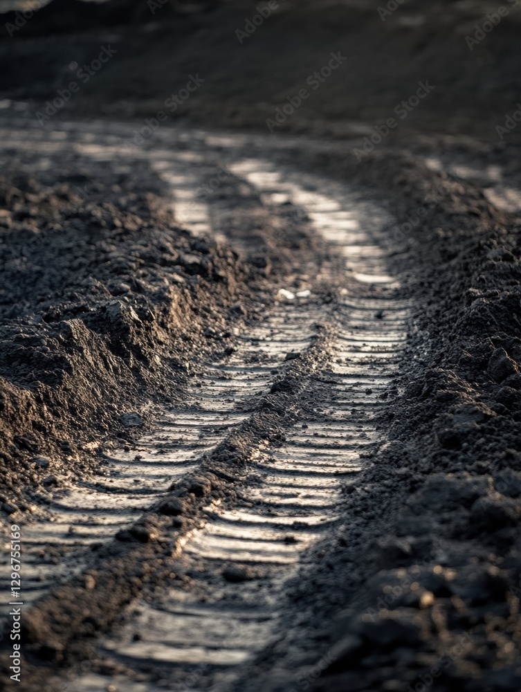 Aufkleber tractor tire tracks create patterns on freshly turned earth at twilight in an agricultural field. ge