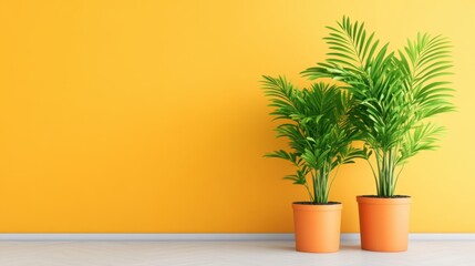 Fototapeta premium Lush Green Indoor Plants in Orange Pots Against Vibrant Yellow Background for Home Decor and Interior Design