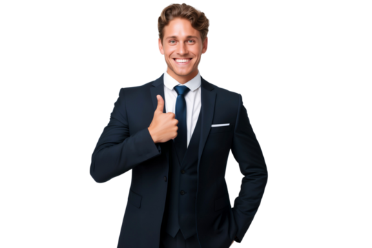 Handsome young businessman in suit showing thumb up sign, isolated on transparent background