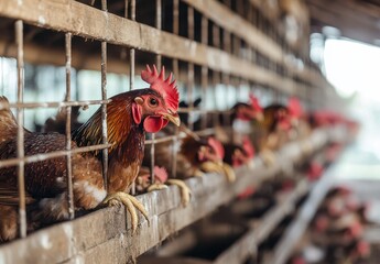 Close-Up of Healthy Chickens in a Modern Poultry Farm Environment with Natural Light and Industrial Structure