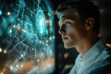 A young man intently studies a complex, glowing digital map, possibly analyzing data or navigating a virtual world.
