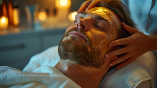 Transforming beauty and relaxation for a male client during a soothing skincare treatment