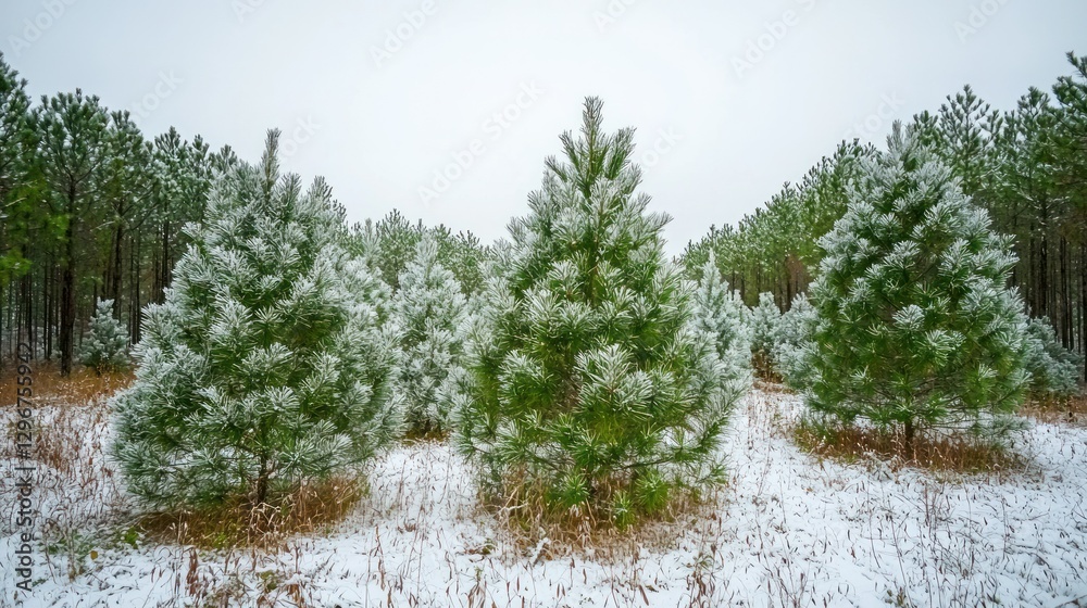Poster a forest of tall, green pine trees covered in a light dusting of snow.
