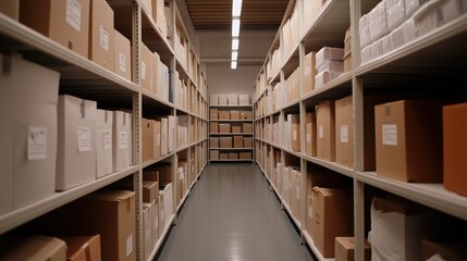 Storage Shelves Full of Boxes: Rows upon rows of cardboard boxes neatly arranged on storage shelves, creating a visual representation of organization and inventory.