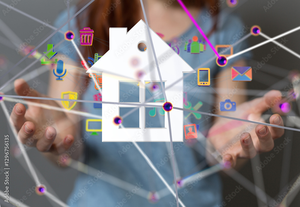 Poster home iot - Neural network 3D illustration. Big data and cybersecurity - 3d