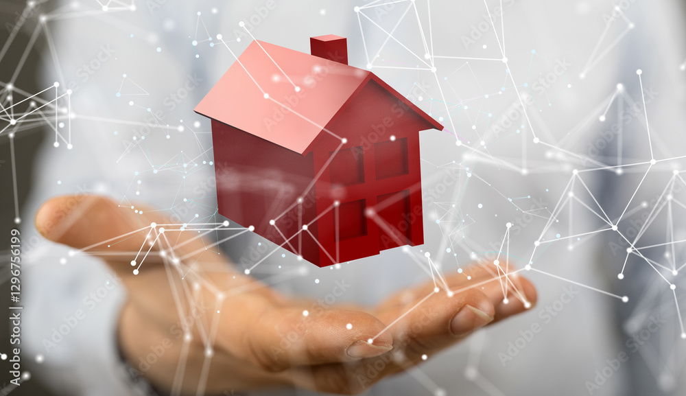 Poster home iot - Neural network 3D illustration. Big data and cybersecurity