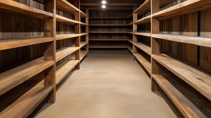 Fototapeta premium Empty Wooden Shelves: An empty wooden shelving unit, with many levels, offers a sense of anticipation or the simplicity of organization. It's bathed in ambient light.