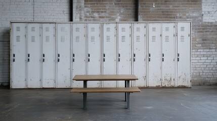 Rustic Industrial Contrast: A minimalist wooden bench and table sit beneath a row of vintage lockers in a raw, industrial space, exuding a sense of utilitarian simplicity and understated design.