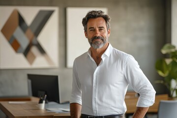 Confident middle-aged man in a white shirt, standing in a modern office.