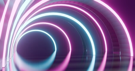 Futuristic architecture background neon arch tunnel 3d render