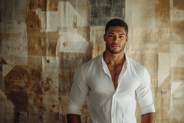 Obraz premium A muscular man with short hair, wearing a white open shirt, stands against a textured background.