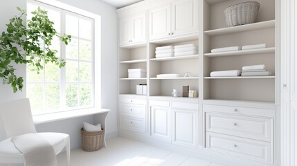 Cozy Interior: A bright, airy room featuring a built-in white cabinet, a sunlit window adorned with lush greenery, and a comfortable chair.