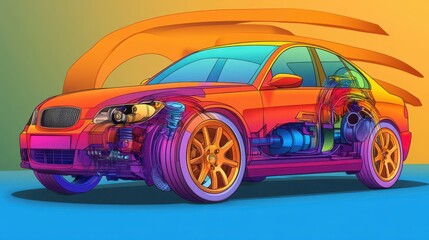 Fototapeta premium Brightly Colored Car Illustration Showcasing Detailed Inner Mechanics and Dynamic Design Elements in a Vivid Artistic Style