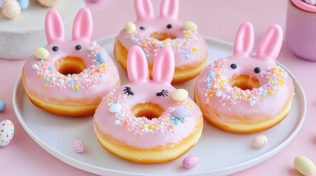Easter-themed doughnuts with pastel icing, bunny ears,