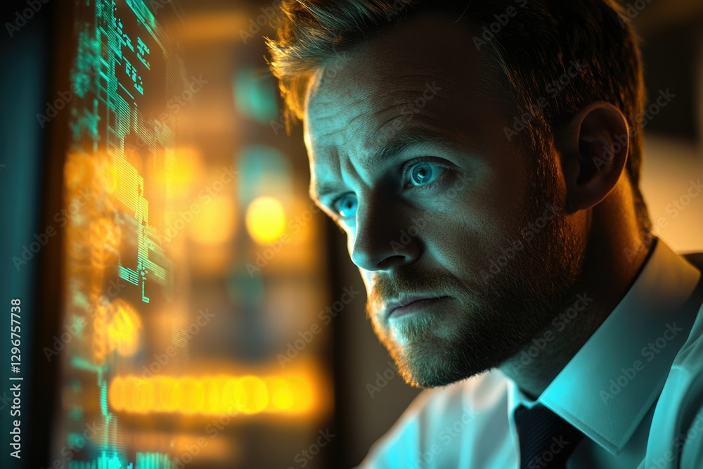 Fototapete A focused man intensely studies complex data displayed on a glowing digital screen.