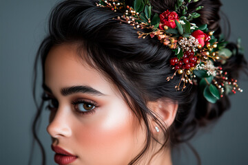 Naklejka premium Woman with Dark Hair and Red Berry Floral Hairpiece