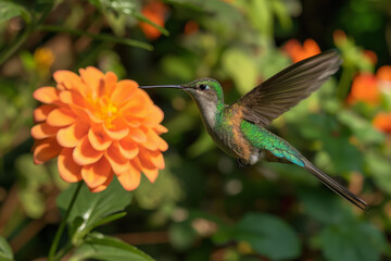 Obraz premium A dazzling Hummingbird Long-tailed Sylph (Aglaiocercus kingi) in mid-flight, its iridescent green and blue feathers shimmering as it hovers near a vibrant orange flower