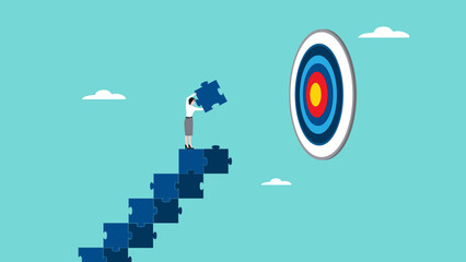 success step to achieve business goal, Business goals as profit target achievement process, the way to achieve goal, management or strategy to achieve target, businesswoman making ladder from puzzle