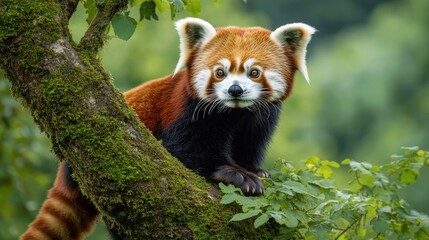Red panda perched on tree branch, surrounded by lush greenery, e