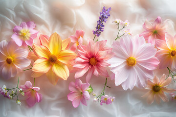 A delicate arrangement of vibrant spring flowers elegantly placed on a soft paper background