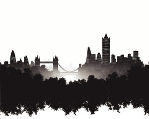 Obraz premium Stunning London Skyline Vector Artwork: Tower Bridge and Iconic Modern Skyscrapers in Foggy Silhouette with Dense Urban Trees Perfect for Design Projects
