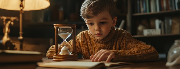 Fototapeta na wymiar Boy reading book by lamplight, hourglass nearby, library background; educational concept