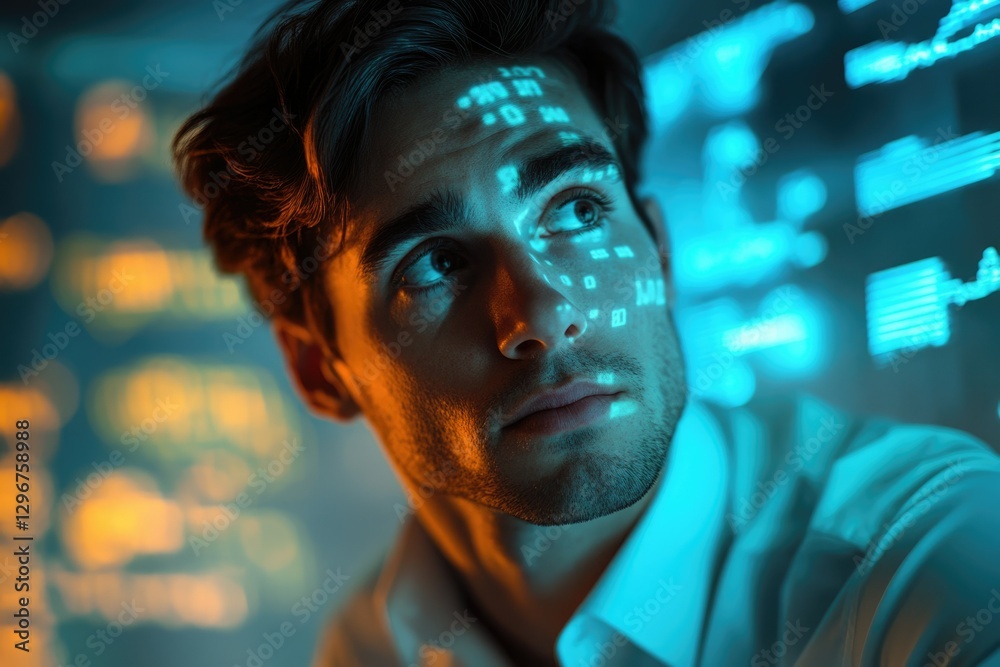 Poster a young man contemplates data streams projected onto his face, symbolizing digital immersion and tec