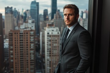Fototapeta premium A man in a suit stands before a cityscape, conveying confidence and success.