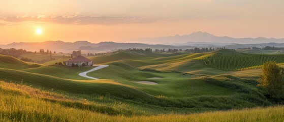 Golf course sunset rolling hills landscape tranquil environment wide angle view nature's beauty