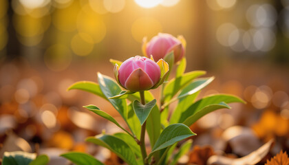 Obraz premium Tiny peony buds unfurling in golden hour autumn garden, seasonal beauty